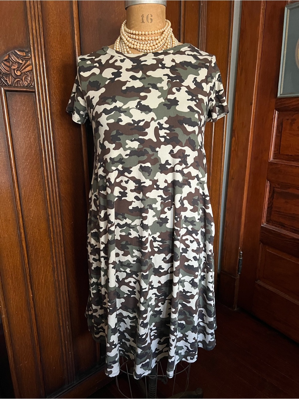 Honey and Lace Olive Green Camo Midi Swing Dress